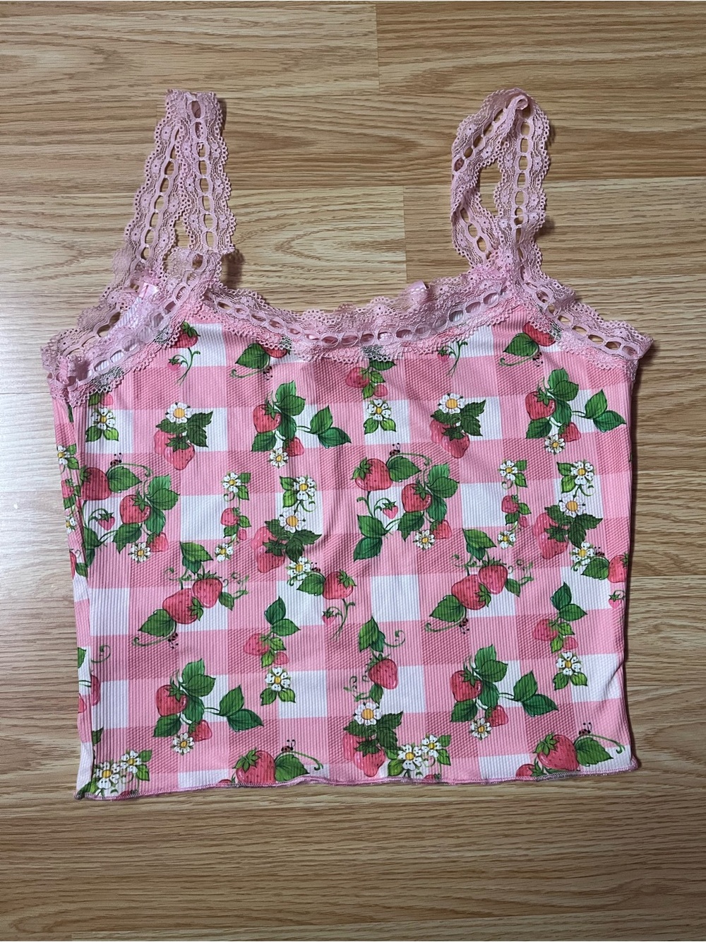 Dolls Kill x Strawberry Shortcake Pink Gingham Strawberry Lace-Trim Crop Cami